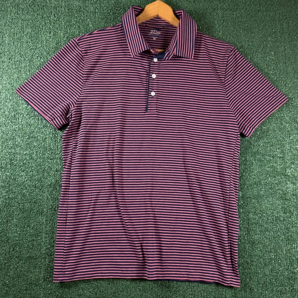 J.Crew Performance Polo Mens Size M Pink Blue Stripe Excellent Pima Cotton Blend